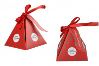 Christmas paper gift box 80x80x92 mm in pyramid shape with ribbon and greeting card/tag - 10 pcs