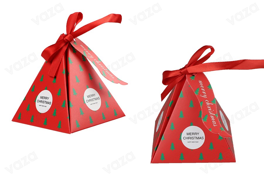 Christmas paper gift box 80x80x92mm in pyramid shape with ribbon and greeting card/tag - 10 pcs-produktbild