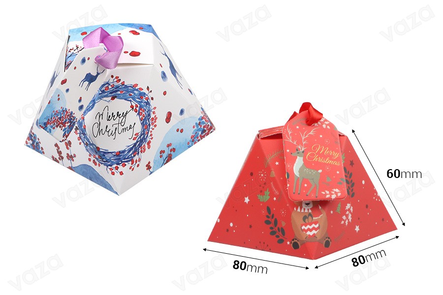 Christmas paper gift box 80x80x60mm with ribbon and greeting card/tag - 10 pcs Christmas paper gift box 80x80x60mm with ribbon and greeting card/tag - 10 pcs-εικόνα_διαστάσεις