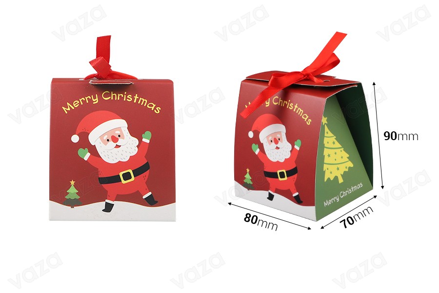 Christmas paper gift box 80x70x90mm with ribbon - 10 pcs-bildabmessungen