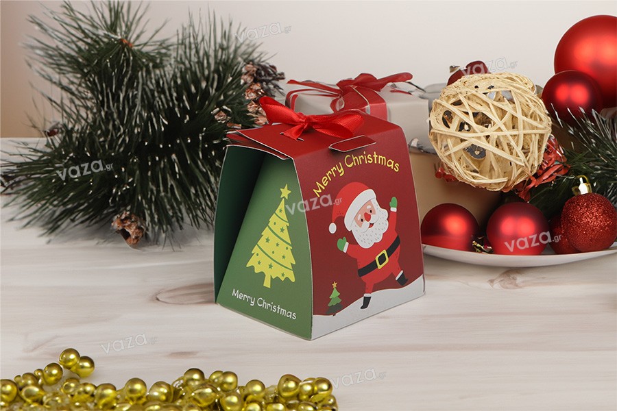 Χριστουγεννιάτικο χάρτινο κουτί δώρου 80x70x90 mm με κορδέλα - 10 τμχ