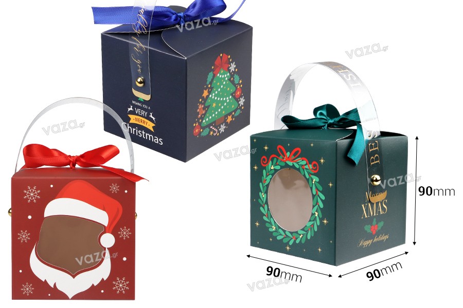 Christmas paper gift box 90x90x90 mm with window, handle and ribbon - 10 pcs