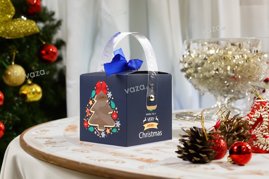 Χριστουγεννιάτικο χάρτινο κουτί δώρου 90x90x90 mm με παράθυρο, χερούλι και κορδέλα - 10 τμχ