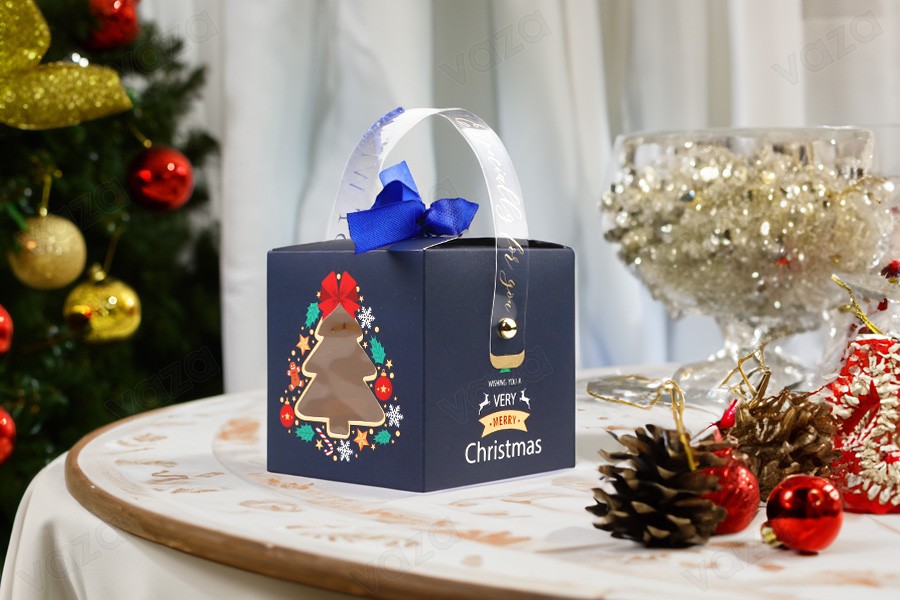 Christmas paper gift box 90x90x90mm with window, handle and ribbon - 10 pcs-bildgruppe
