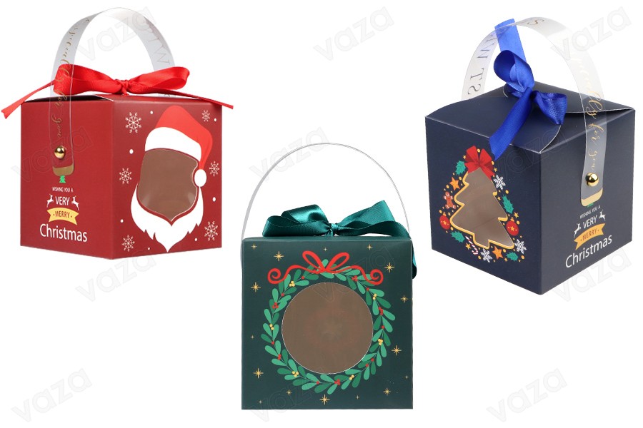 Christmas paper gift box 90x90x90mm with window, handle and ribbon - 10 pcs-produktbild