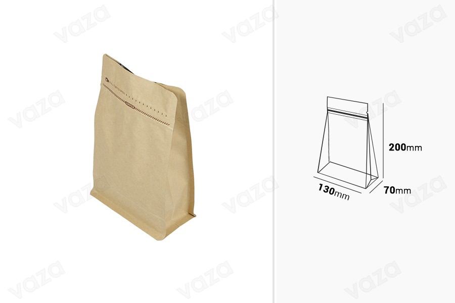 Sacs en aluminium de type Doy Pack 130x70x200 mm  avec valve, doublure extérieure en papier kraft, fermeture thermoscellée, ouverture avec ruban de sécurité et utilisation d'une fermeture à glissière, idéal pour le café en poudre - 50 pcs-εικόνα_διαστάσεις