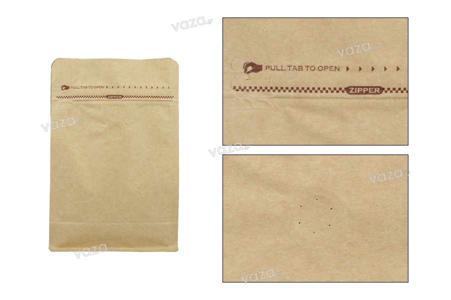 Doy Pack type aluminum bags with valve, outer kraft paper lining, heat seal closure, opening with security tape and use of zipper, ideal for coffee powder 130x70x200 mm - 50 pcs