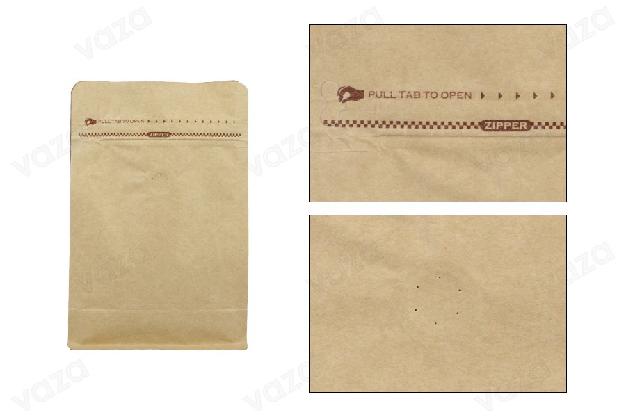 Sacs en aluminium de type Doy Pack 130x70x200 mm  avec valve, doublure extérieure en papier kraft, fermeture thermoscellée, ouverture avec ruban de sécurité et utilisation d'une fermeture à glissière, idéal pour le café en poudre - 50 pcs-