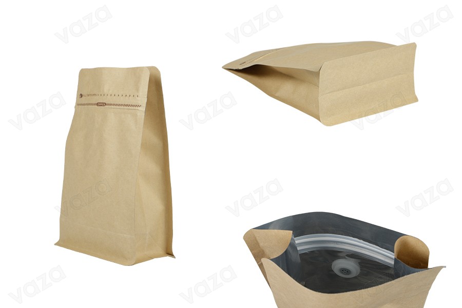 Sacs en aluminium de type Doy Pack 130x70x200 mm  avec valve, doublure extérieure en papier kraft, fermeture thermoscellée, ouverture avec ruban de sécurité et utilisation d'une fermeture à glissière, idéal pour le café en poudre - 50 pcs-εικόνα_προϊοντική