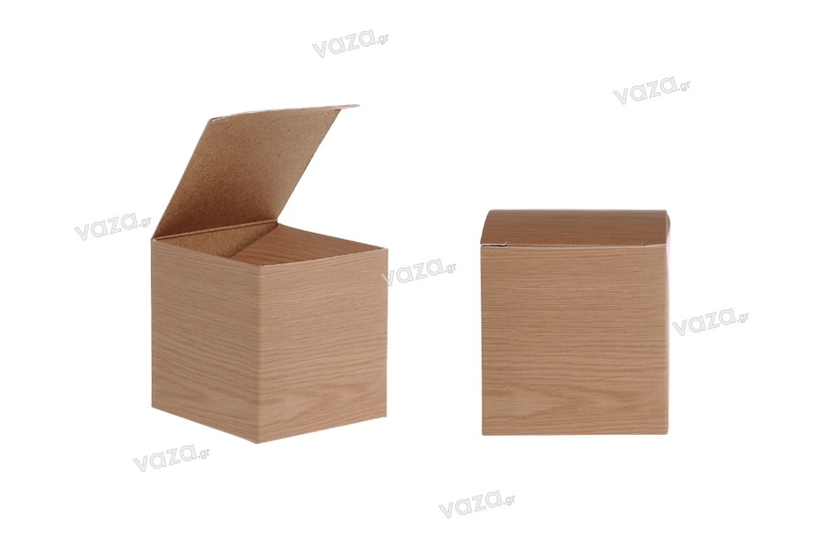 Petite boîte en papier avec motif « bois » pour pot en couleur caramel 30 ml et 50 ml, 58 x 58 x 62 - 50 pcs