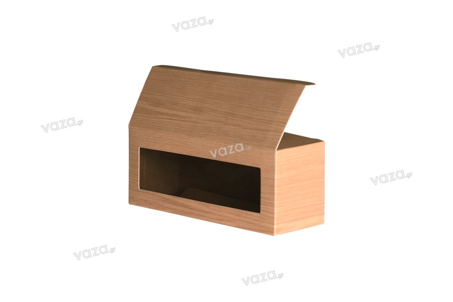 Χάρτινο κουτάκι παράθυρο με τύπωμα σχέδιο "ξύλου" για 3 βαζάκια 40ml,135x46x52 - 50 τμχ