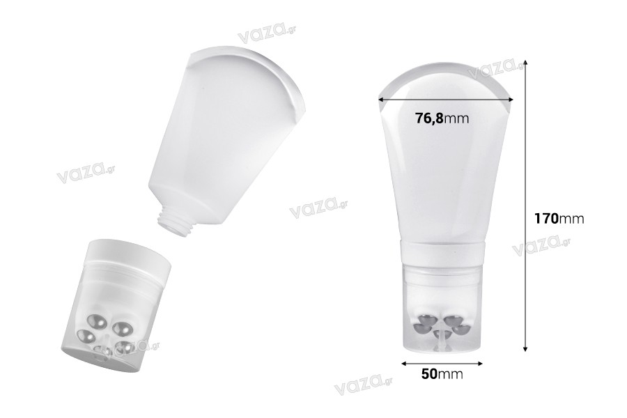 Plastic tube 100 ml in white color with metallic roll on balls and clear cap