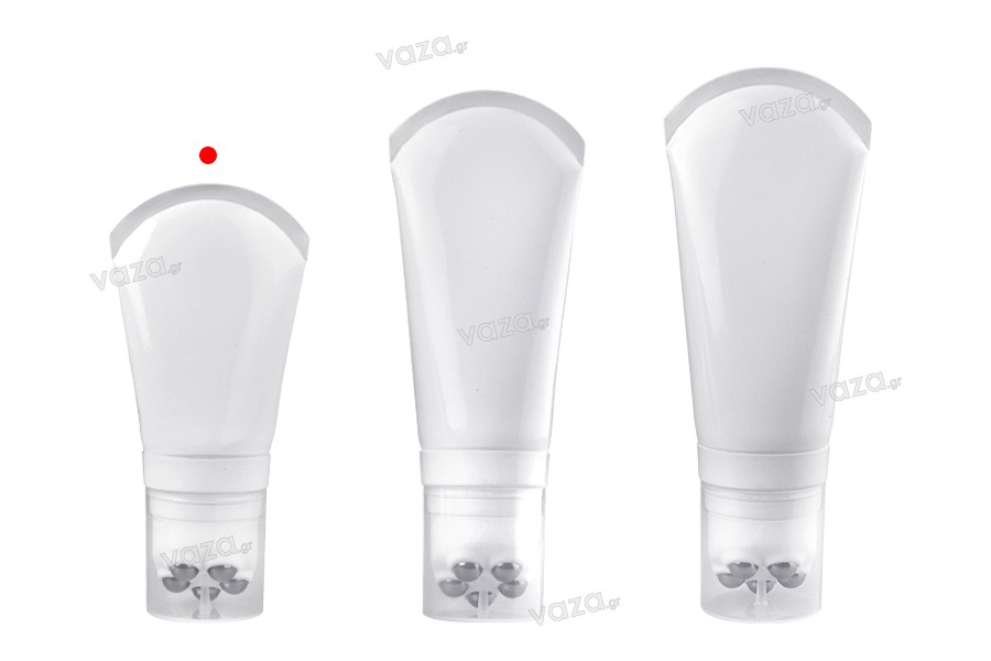 Plastic tube 100 ml in white color with metallic roll on balls and clear cap