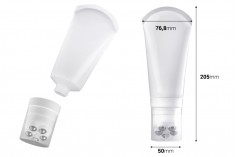 Plastic tube 150 ml in white color with metallic roll on balls and clear cap