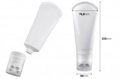 Plastic tube 200 ml in white color with metallic roll on balls and clear cap