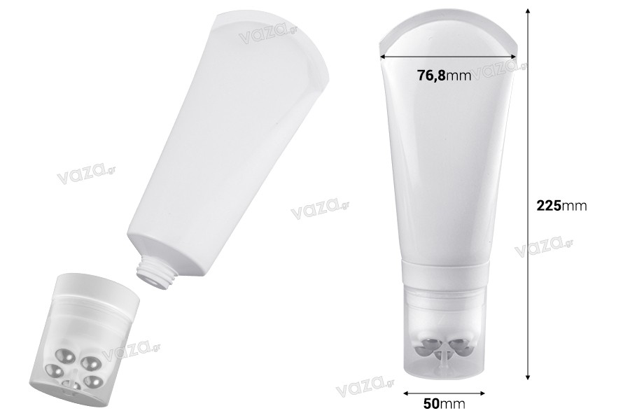 Plastic tube 200 ml in white color with metallic roll on balls and clear cap