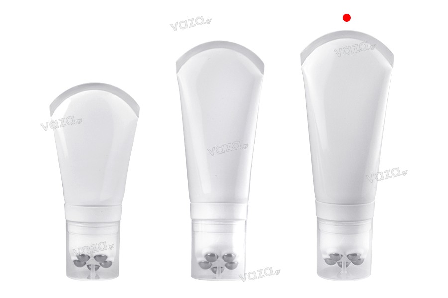 Plastic tube 200 ml in white color with metallic roll on balls and clear cap