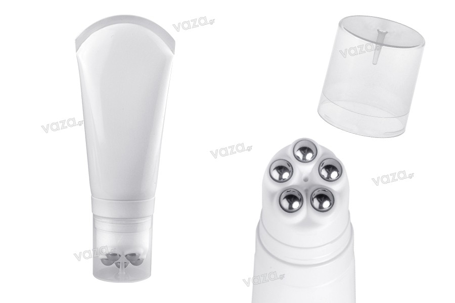 Plastic tube 200 ml in white color with metallic roll on balls and clear cap