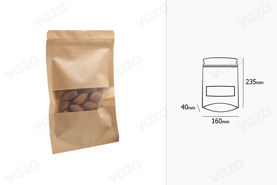 Standbodenbeutel Kraftpapier, Doy-Pack  160x40x235mm mit Sichtfenster, Druckverschluss und innere und äußere transparente Auskleidung -100 Stücke-εικόνα_σύνθεση