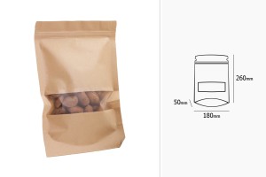 Standbodenbeutel Kraftpapier, Doy-Pack mit Sichtfenster, Druckverschluss und innere und äußere transparente Auskleidung,180x50x260 mm, 100 Stücke-4