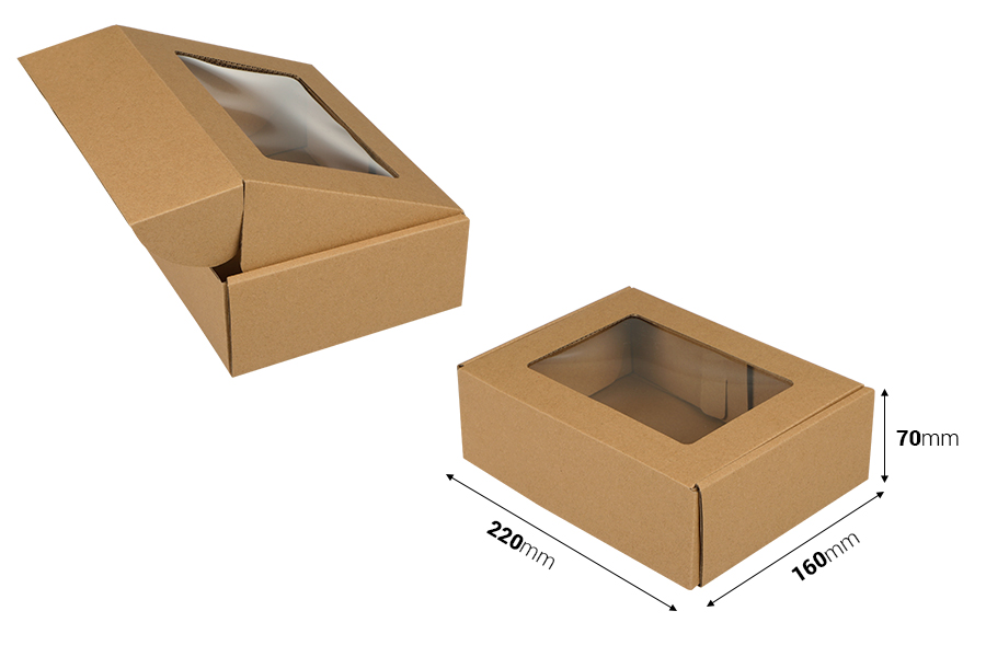 Boîte d'emballage en papier kraft avec fenêtre aux dimensions 220 x160 x 70 mm - 20 pcs Boîte d'emballage en papier kraft avec fenêtre aux dimensions 220 x160 x 70 mm - 20 pcs