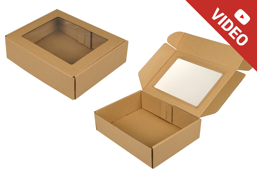 Boîte d'emballage en papier kraft avec fenêtre aux dimensions 260 x 200 x 70 mm - 20 pcs Boîte d'emballage en papier kraft avec fenêtre aux dimensions 260 x 200 x 70 mm - 20 pcs