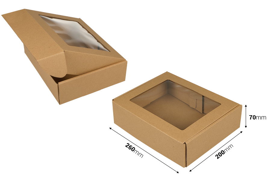 Boîte d'emballage en papier kraft avec fenêtre aux dimensions 260 x 200 x 70 mm - 20 pcs Boîte d'emballage en papier kraft avec fenêtre aux dimensions 260 x 200 x 70 mm - 20 pcs