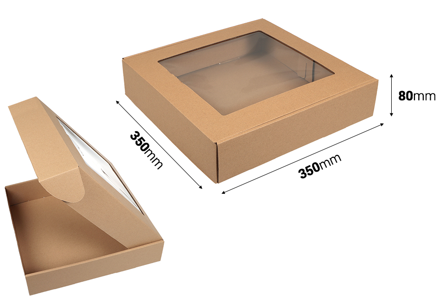 Boîte d'emballage en papier kraft avec fenêtre 350 x 350 x 80 mm - Lot de 20 pièces Boîte d'emballage en papier kraft avec fenêtre 350 x 350 x 80 mm - Lot de 20 pièces