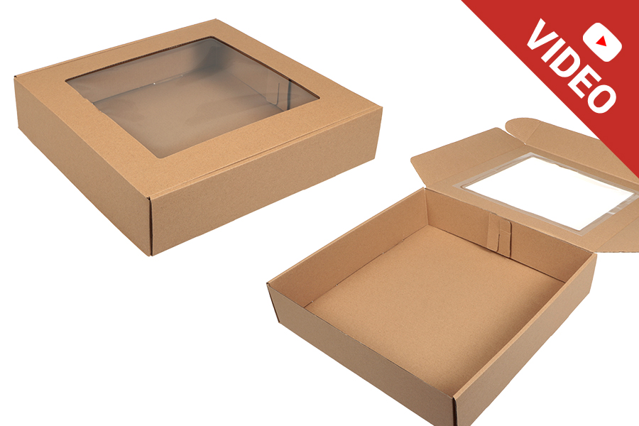 Boîte d'emballage en papier kraft avec fenêtre 350 x 350 x 80 mm - Lot de 20 pièces Boîte d'emballage en papier kraft avec fenêtre 350 x 350 x 80 mm - Lot de 20 pièces