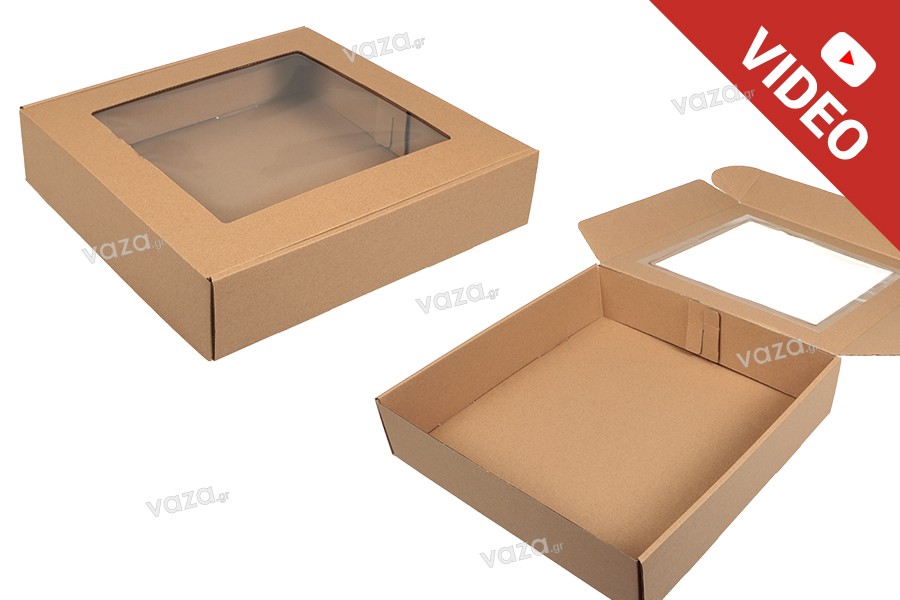 Boîte d'emballage en papier kraft avec fenêtre 350 x 350 x 80 mm - Lot de 20 pièces