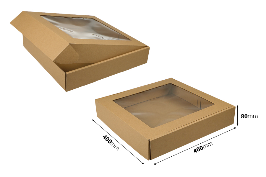 Boîte d'emballage en papier kraft avec fenêtre aux dimensions 400 x400 x 80 mm - 20 pcs Boîte d'emballage en papier kraft avec fenêtre aux dimensions 400 x400 x 80 mm - 20 pcs