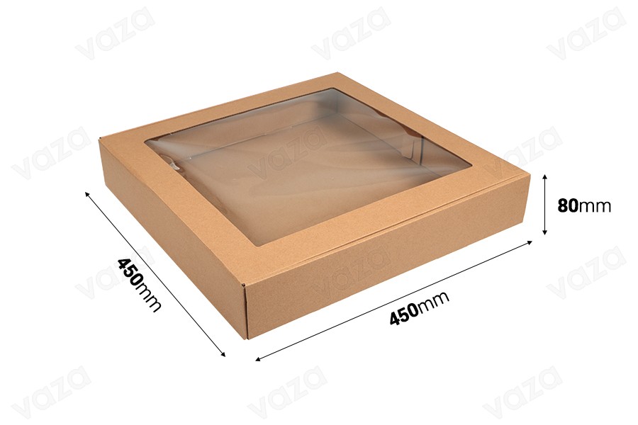 Verpackungsbox aus Kraftpapier mit Sichtfenster 450x450x80mm - Packung 20 Stk Verpackungsbox aus Kraftpapier mit Sichtfenster 450x450x80mm - Packung 20 Stk-εικόνα_διαστάσεις