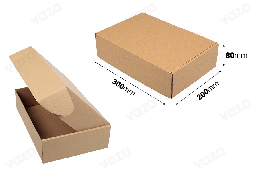 Verpackungsbox aus Kraftpapier ohne Fenster 300x200x80 mm - 20 Stk Verpackungsbox aus Kraftpapier ohne Fenster 300x200x80 mm - 20 Stk-εικόνα_διαστάσεις