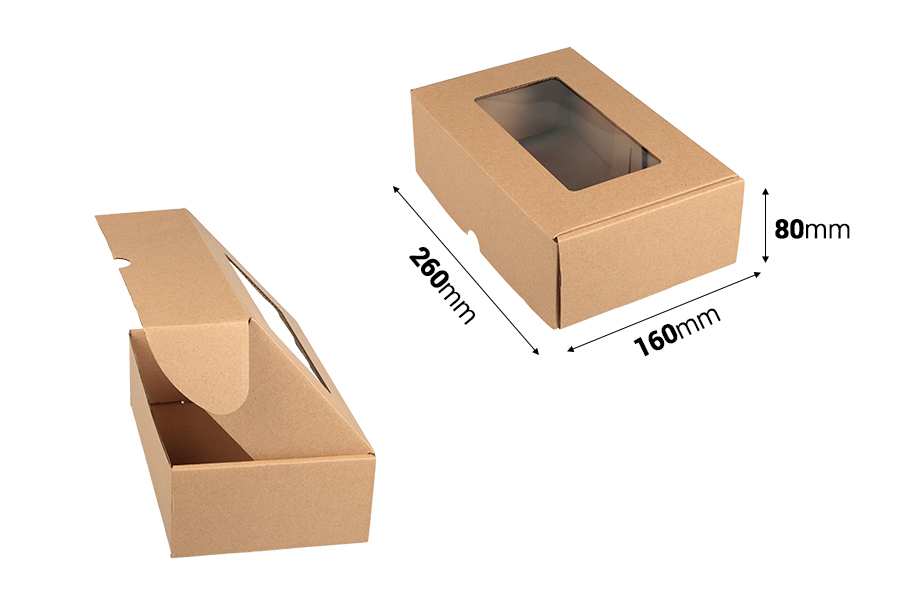 Boîte d'emballage en papier kraft avec fenêtre 260 x 160 x 80 mm - 20 pcs Boîte d'emballage en papier kraft avec fenêtre 260 x 160 x 80 mm - 20 pcs