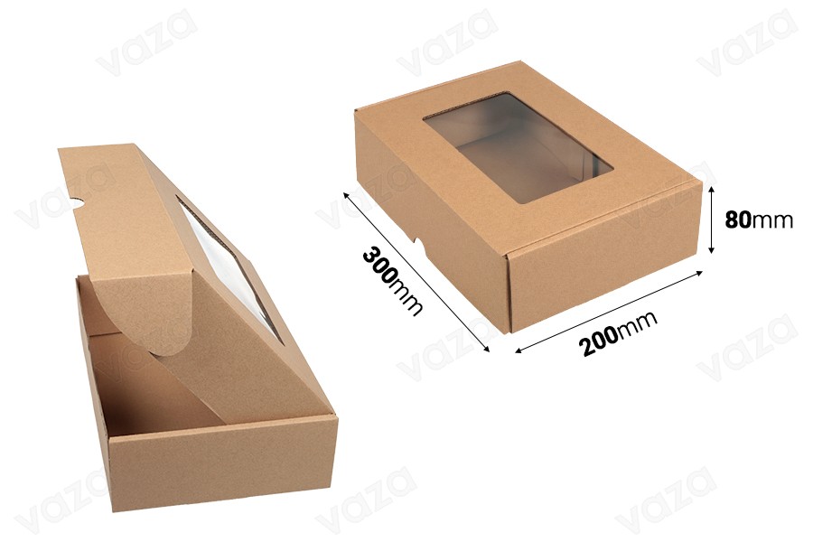 Verpackungsbox aus Kraftpapier mit Sichtfenster 300x200x80 mm - 20 Stk Verpackungsbox aus Kraftpapier mit Sichtfenster 300x200x80 mm - 20 Stk-εικόνα_διαστάσεις