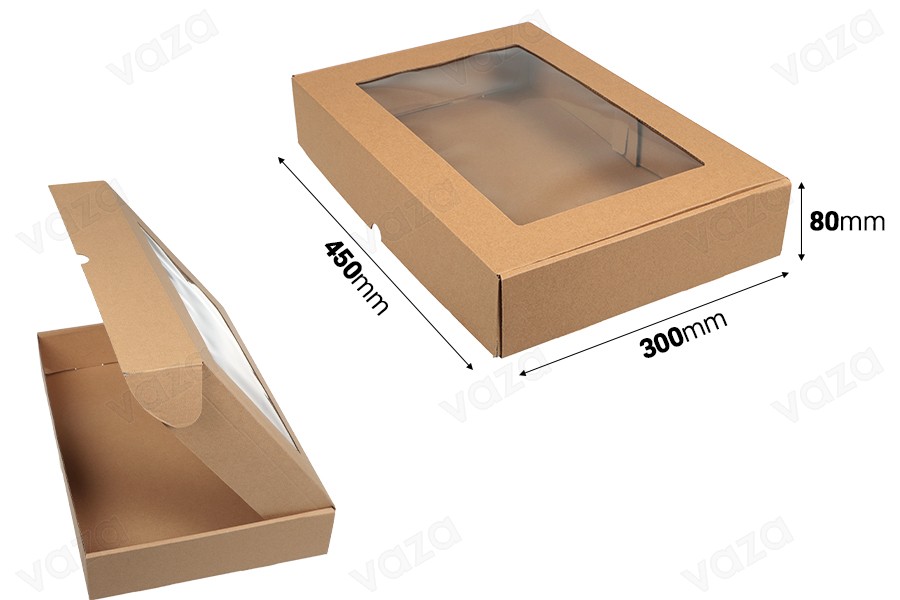 Verpackungsbox aus Kraftpapier mit Sichtfenster 450x300x80 mm - 20 Stk Verpackungsbox aus Kraftpapier mit Sichtfenster 450x300x80 mm - 20 Stk-εικόνα_διαστάσεις