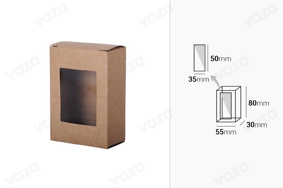 Verpackung für Seifen Kraftpapier mit 80x55x3 mm Fenster - 50 Stück Verpackung für Seifen Kraftpapier mit 80x55x3 mm Fenster - 50 Stück-εικόνα_διαστάσεις