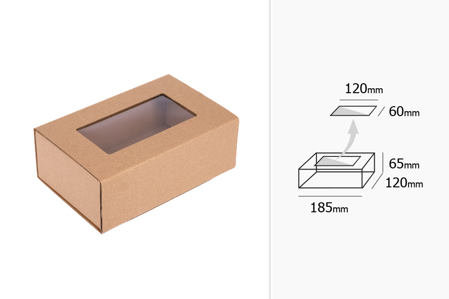 Boîte d'emballage de type tiroir en papier kraft avec fenêtre 185 x 120 x 65 mm - 50 pcs Boîte d'emballage de type tiroir en papier kraft avec fenêtre 185 x 120 x 65 mm - 50 pcs