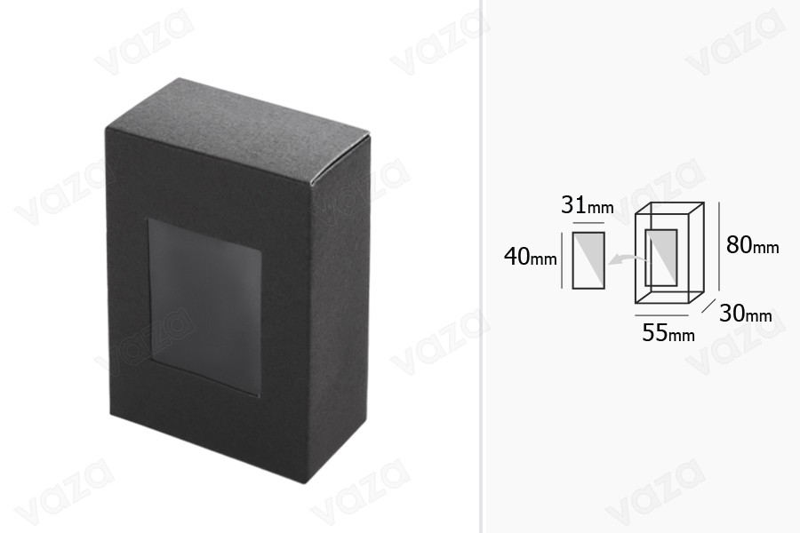 55x30x80mm schwarze Papierbox mit Fenster - 50 Stk-εικόνα_διαστάσεις