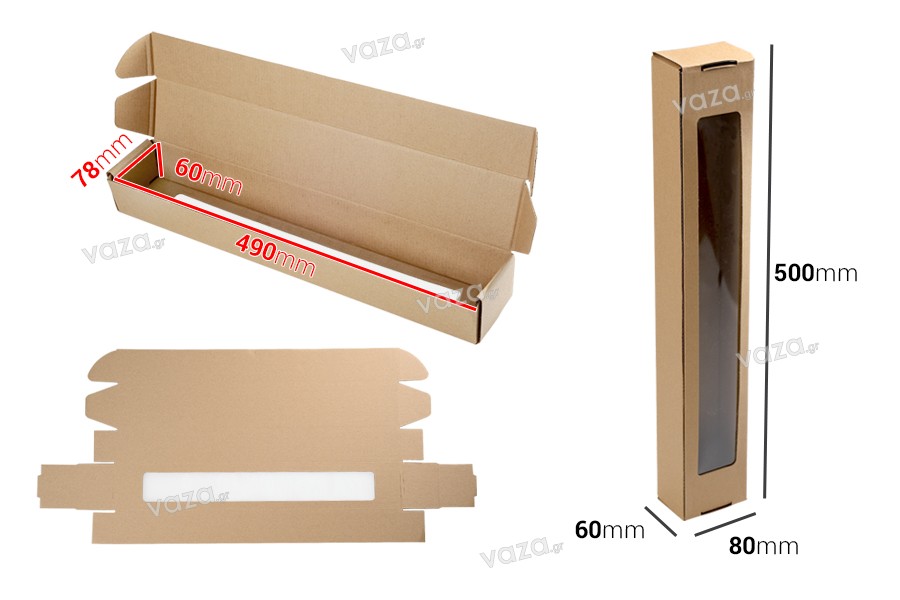 Kraft paper box with window in size 80x60x500 mm - 40 pcs