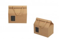 Kraft paper standing-up box-bag with rope handle and window in size 220x140x190 - 20 pcs