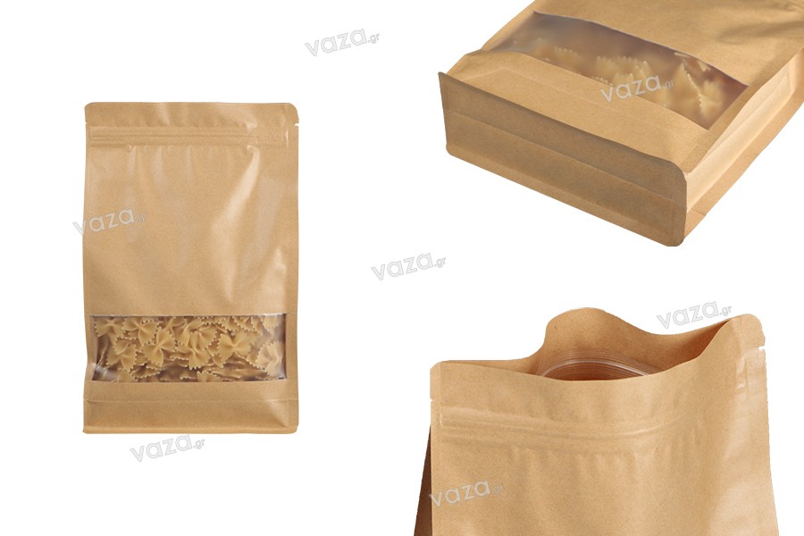 Doypack stand-up pouch kraft with zipper and window, transparent inside and outside layer, heat sealable, 140x60x240 mm - 50 pcs