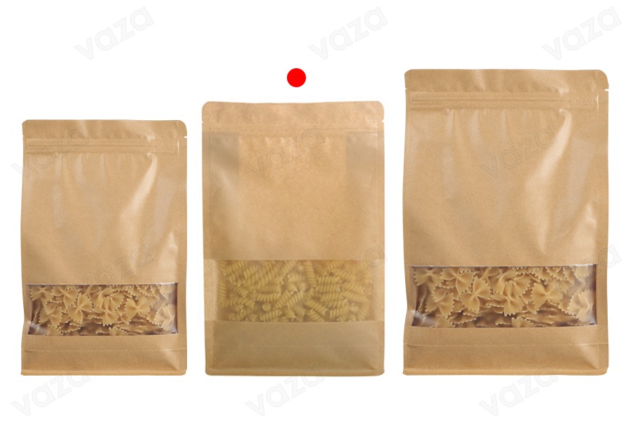 Sacs en papier kraft de type Doypack  180 x 80 x 280 mm, avec fermeture zip, fenêtre, revêtement transparent intérieur et extérieur et possibilité de scellage par thermoscellage - 50 pcs-bildgruppe