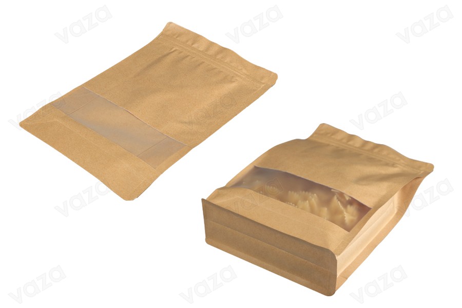 Sacs en papier kraft de type Doypack  180 x 80 x 280 mm, avec fermeture zip, fenêtre, revêtement transparent intérieur et extérieur et possibilité de scellage par thermoscellage - 50 pcs-