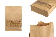 Sacs en papier kraft de type Doypack, avec fermeture zip, fenêtre, revêtement transparent intérieur et extérieur et possibilité de scellage par thermoscellage 180 x 80 x 280 mm - 50 pcs