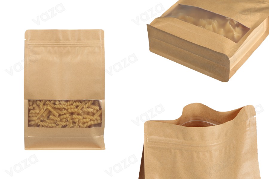 Sacs en papier kraft de type Doypack  180 x 80 x 280 mm, avec fermeture zip, fenêtre, revêtement transparent intérieur et extérieur et possibilité de scellage par thermoscellage - 50 pcs-produktbild