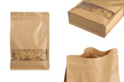 Sacchetti kraft tipo Doy Pack, con chiusura &quot;zip&quot;, finestra, fodera interna ed esterna trasparente e possibilità di sigillatura con termosaldatura 200x80x300 mm - 50 pz