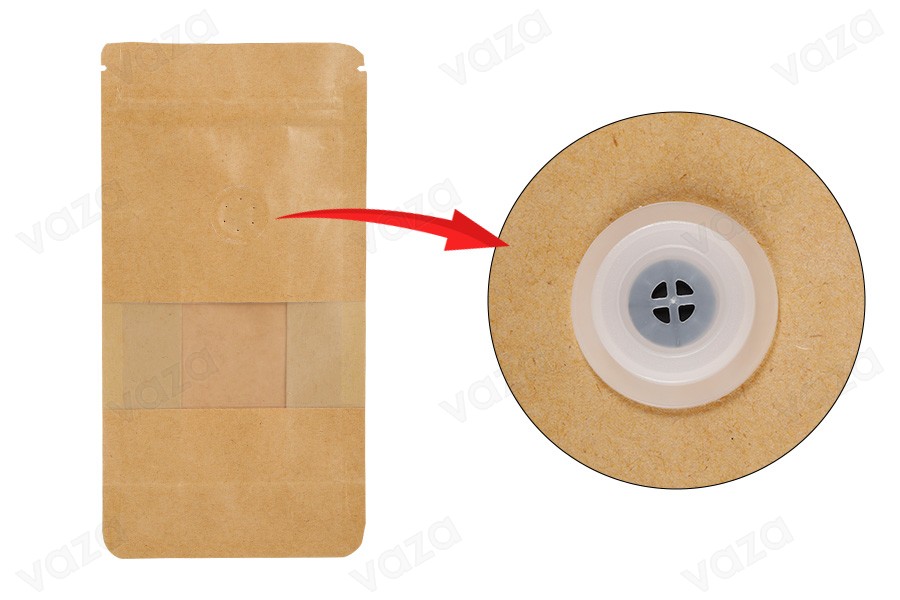 Standbodenbeutel aus Kraftpapier 100x 60x 200 mm, mit Druckverschluss, Ventil, Sichtfenster - verschließbar (durch Schweißgerät)   - 25 Stücke-bildgruppe