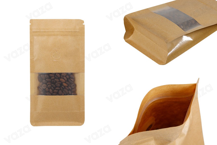 Standbodenbeutel aus Kraftpapier 100x 60x 200 mm, mit Druckverschluss, Ventil, Sichtfenster - verschließbar (durch Schweißgerät)   - 25 Stücke-produktbild