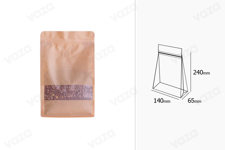 Kraftbeutel vom Typ Doy Pack  140x65x240 mm, mit Reißverschluss, Ventil, Fenster, Innen- und Außenfutter transparent und Möglichkeit zum Versiegeln mit Heißsiegeln - 25 Stück-